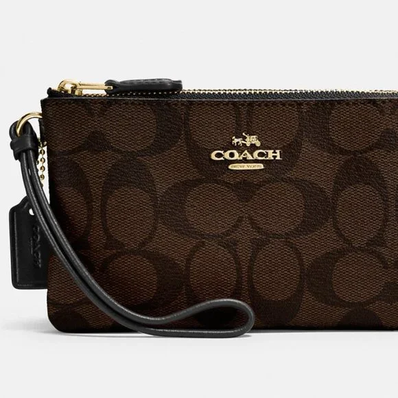 NWT COACH Double Corner Zip Wristlet In Signature Canvas in Brown/Black - Picture 2 of 5